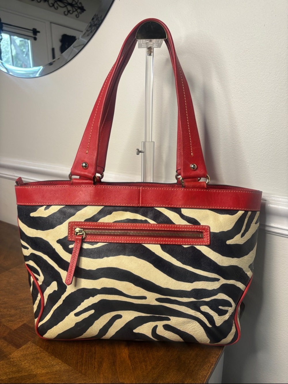 Dooney & Bourke Red Leather Trim Zebra-Print Tote Bag - Picture 3 of 16